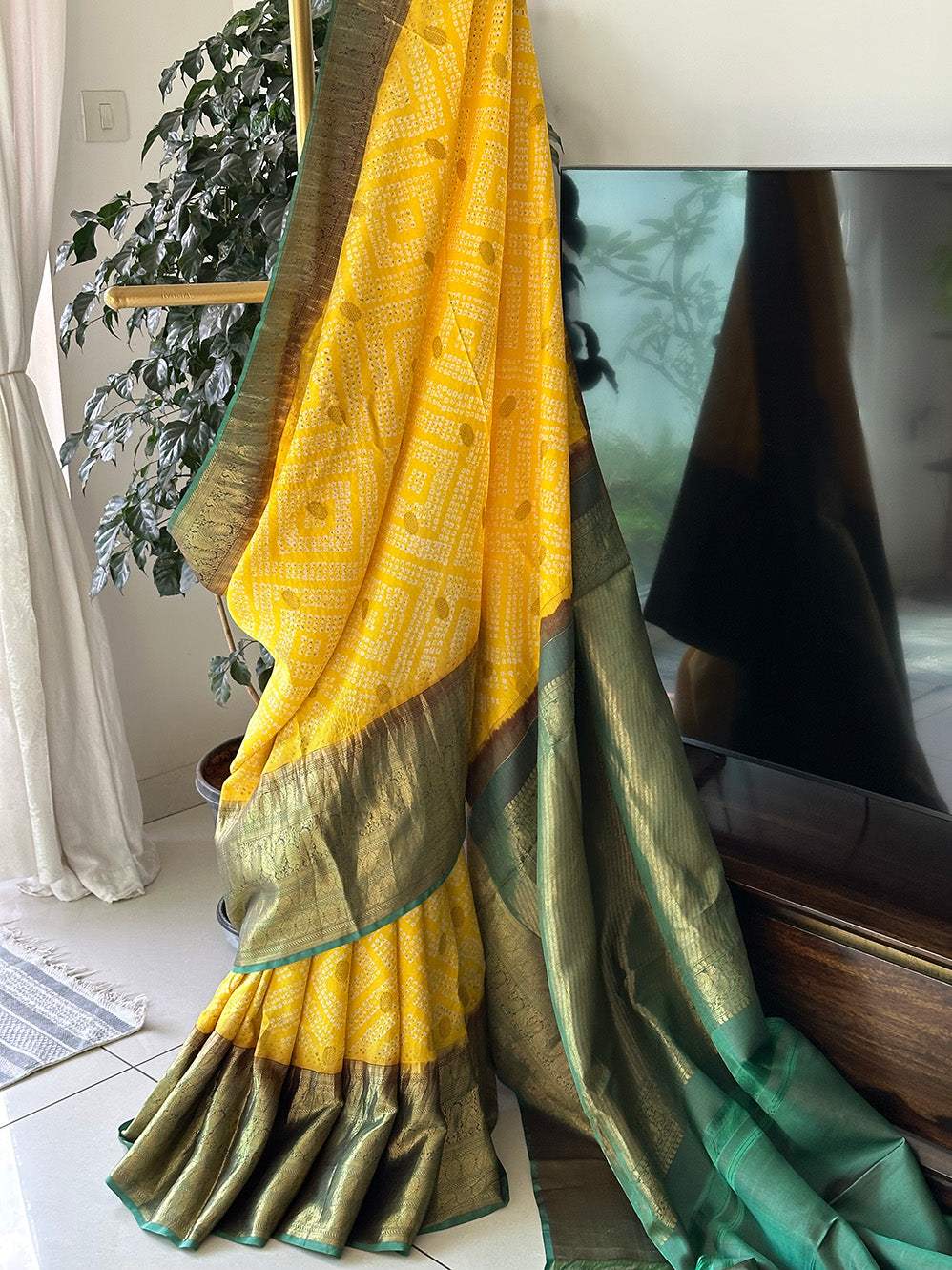 Yellow and Green Kanjivaram Silk Bandhani Saree