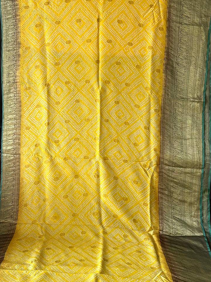 Yellow and Green Kanjivaram Silk Bandhani Saree