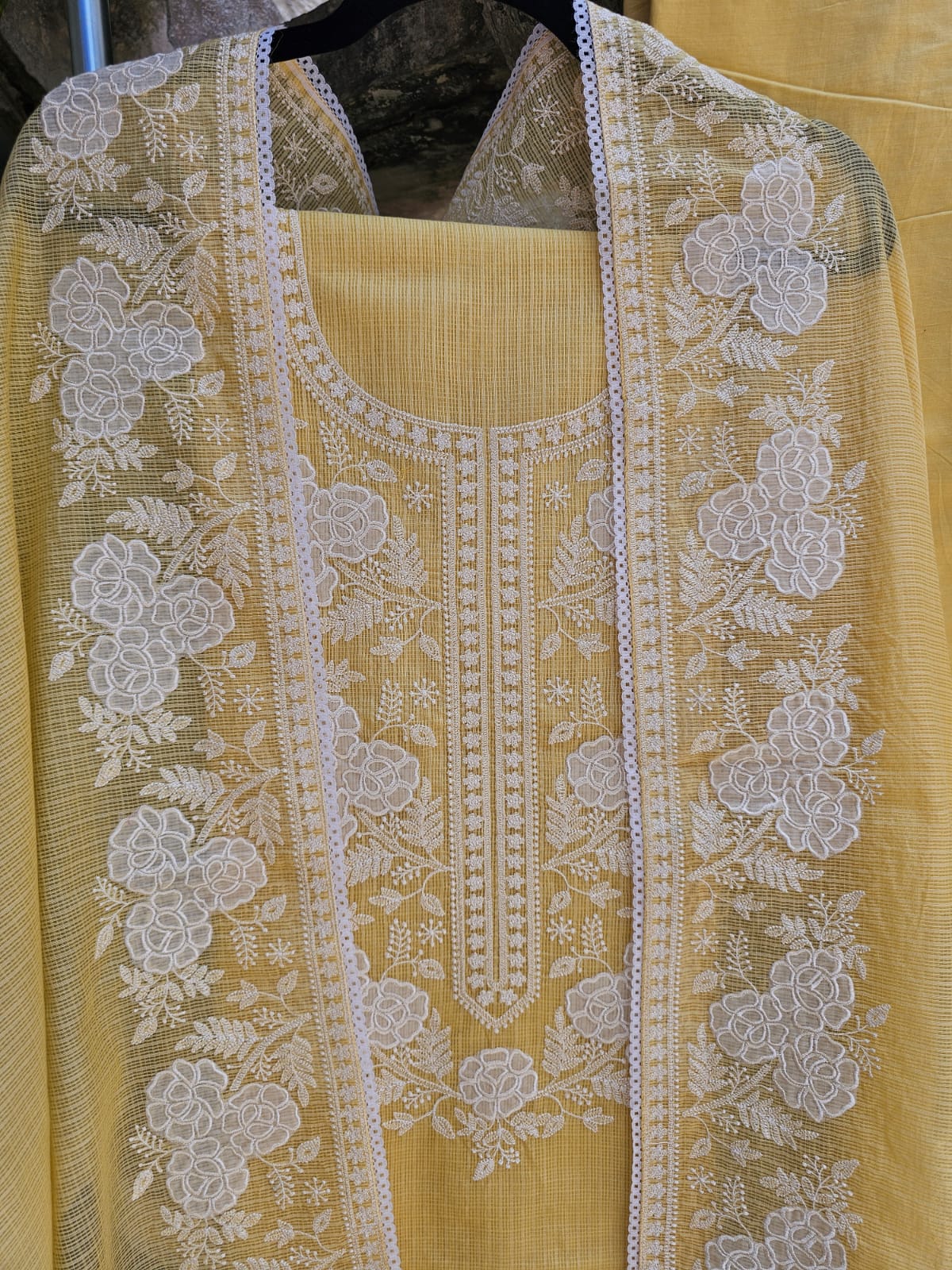 Light Yellow Three Piece Kota Cotton Unstitched Suit Set