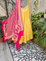 Lovely Yellow and Pink Banarasi Georgette Bandhani Lehenga with Dupatta