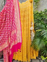 Yellow and Pink Pure Banarsi Georgette Bandhani Lehenga