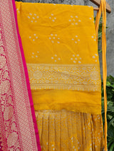 Yellow and Pink Pure Banarsi Georgette Bandhani Lehenga