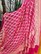 Yellow and Pink Pure Banarsi Georgette Bandhani Lehenga