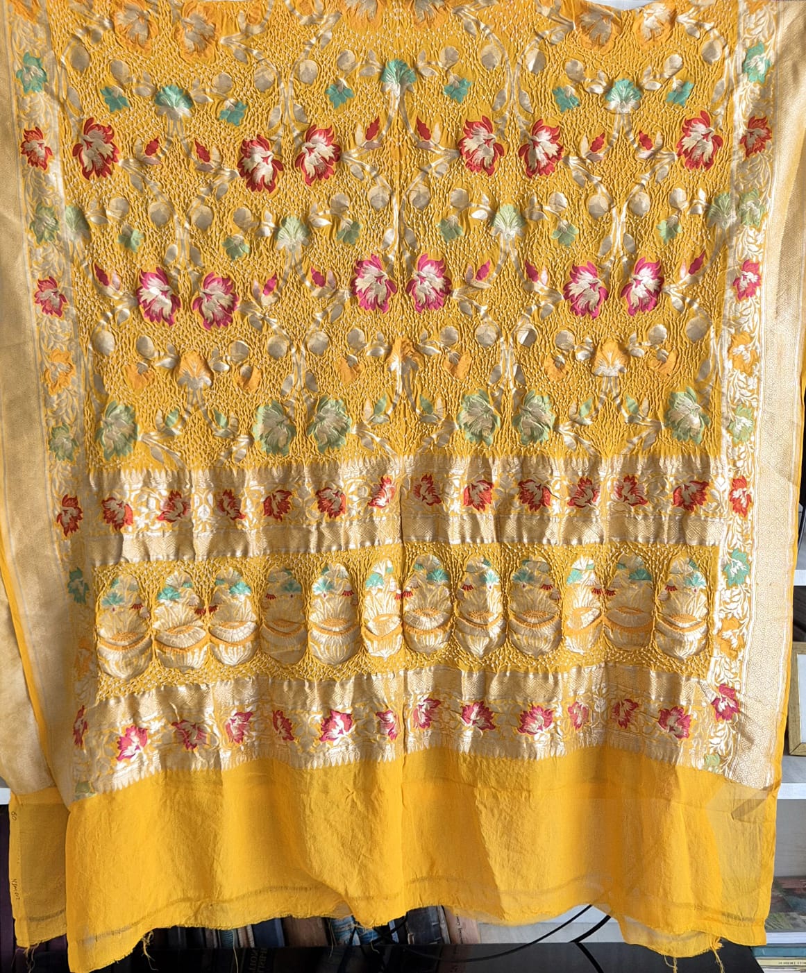 Floral Yellow Pure Banarsi Georgette Meenakari Bandhani Dupatta