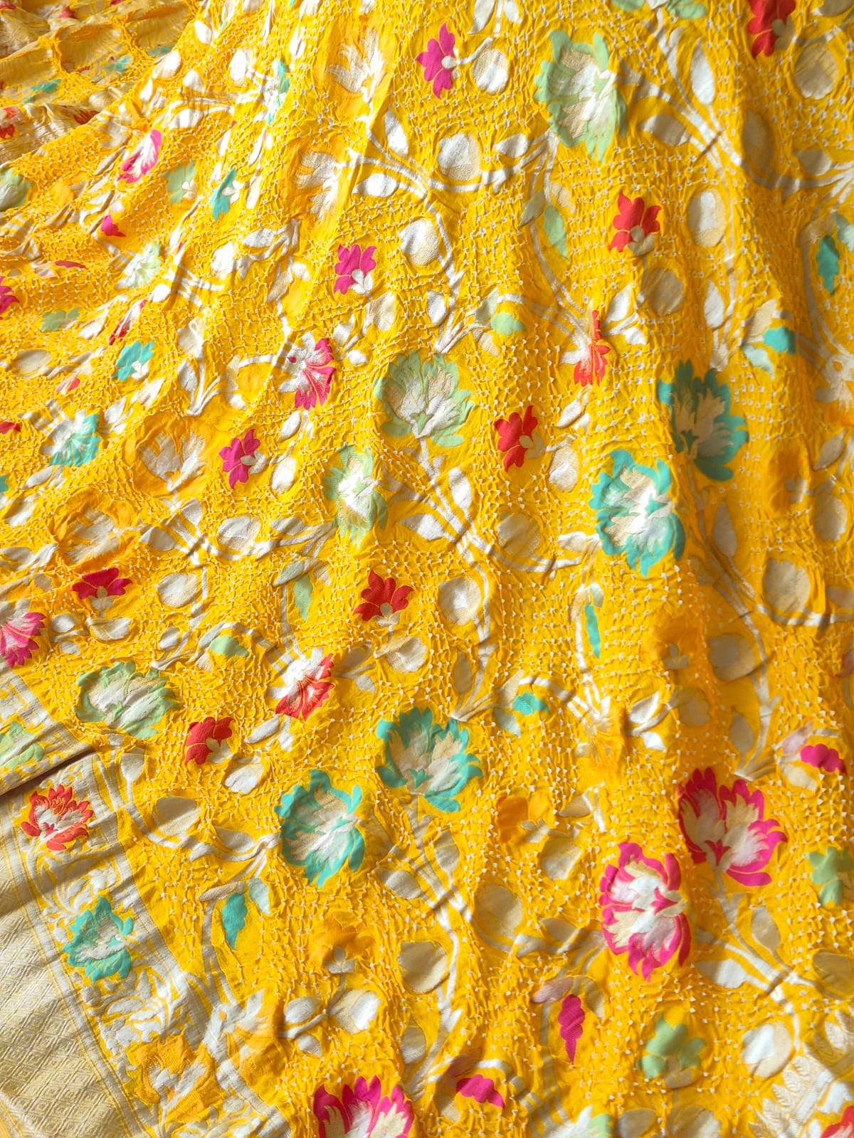 Floral Yellow Pure Banarsi Georgette Meenakari Bandhani Dupatta