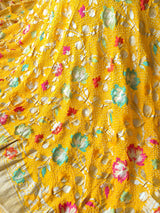 Floral Yellow Pure Banarsi Georgette Meenakari Bandhani Dupatta