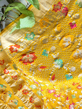 Floral Yellow Pure Banarsi Georgette Meenakari Bandhani Dupatta