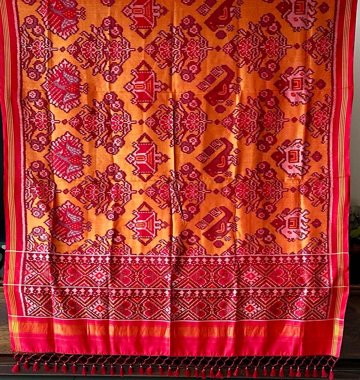 Handloom Yellow and Red Mulberry Silk Ikat Patola Dupatta with Lady, Bird and Flower Motifs