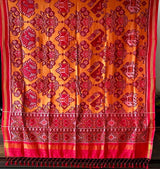 Handloom Yellow and Red Mulberry Silk Ikat Patola Dupatta with Lady, Bird and Flower Motifs