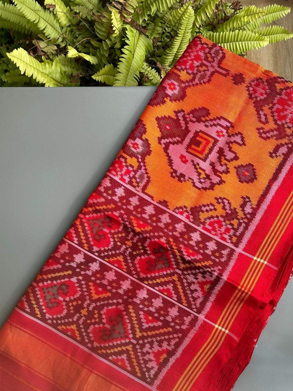 Handloom Yellow and Red Mulberry Silk Ikat Patola Dupatta with Lady, Bird and Flower Motifs