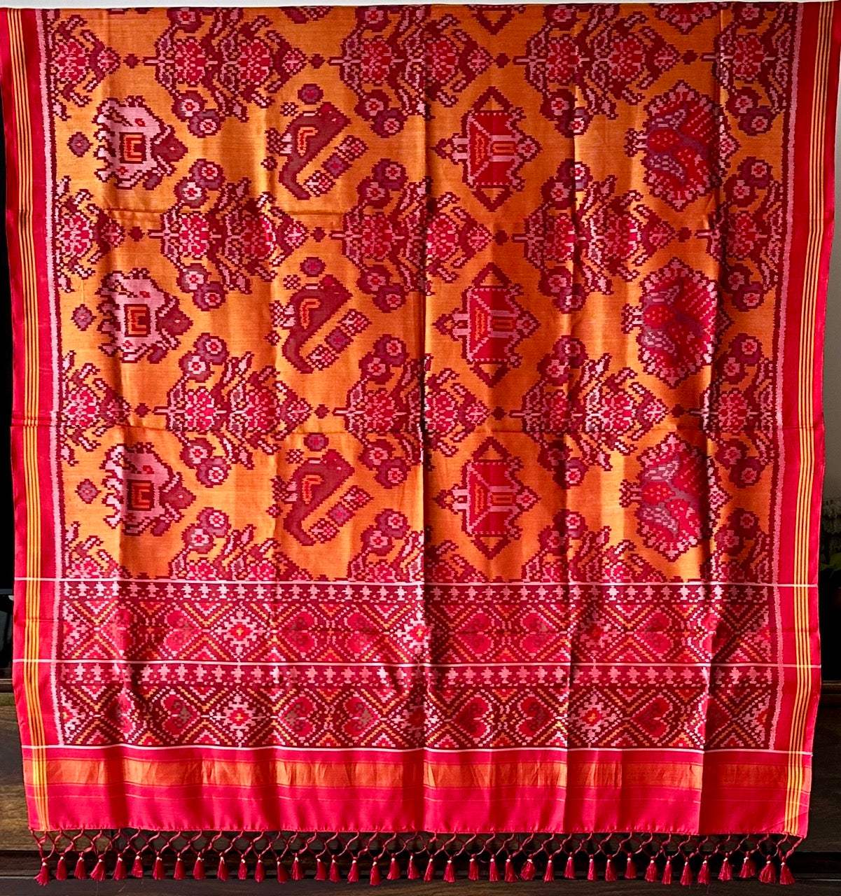 Handloom Yellow and Red Mulberry Silk Ikat Patola Dupatta with Lady, Bird and Flower Motifs