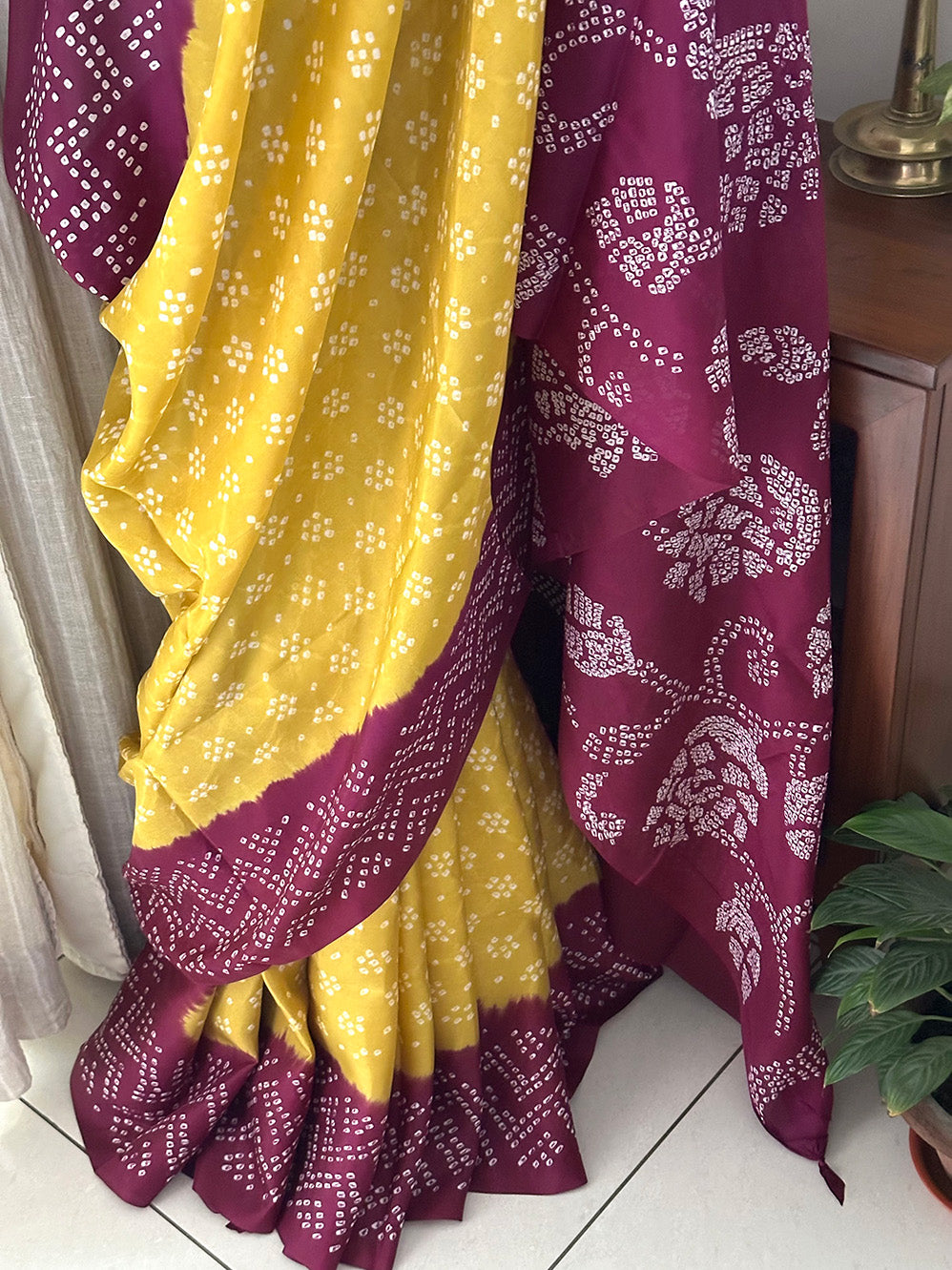 Habotai Silk Bandhani Saree in Shades of Wine and Yellow