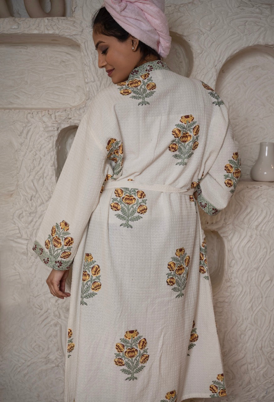 Floral Cotton Waffle Handblock Printed Bath Robe