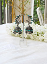 Handcrafted Peacock Silver Jhumkis with Turquoise Beads