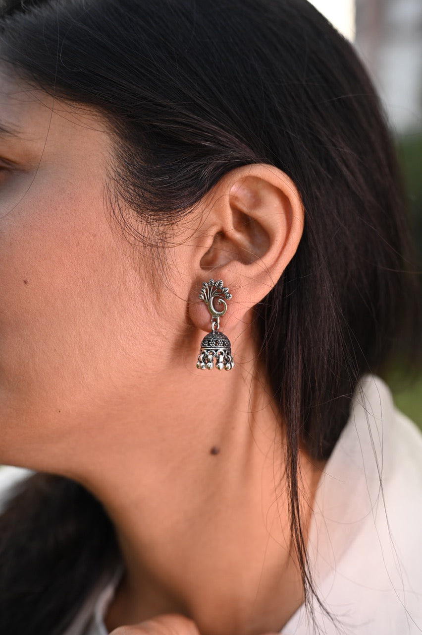 Handcrafted Peacock Silver Jhumkis