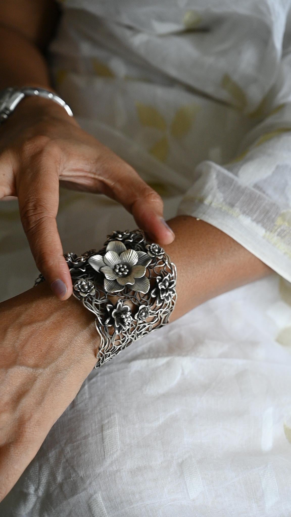 Handcrafted Flowers and Vines Silver Hand Cuff
