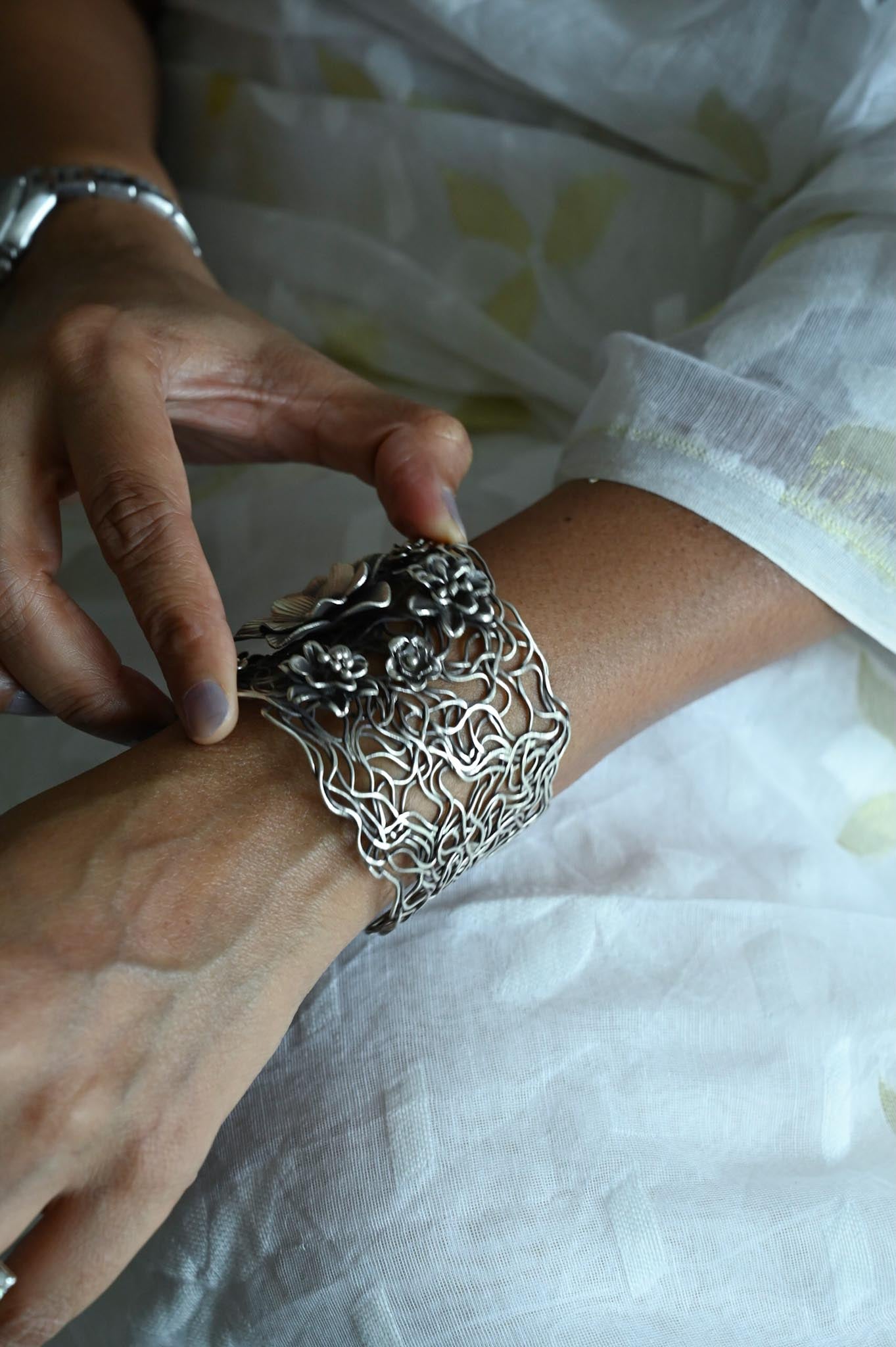 Handcrafted Flowers and Vines Silver Hand Cuff