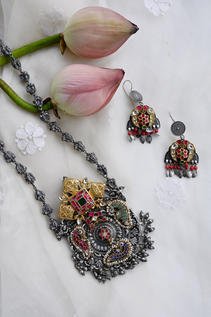 Handcrafted Silver Temple Necklace with earrings