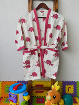block printed waffle cotton kids bathrobe with subtle elephant pattern and personalization shipped in bulk to Belgium and Indonesia