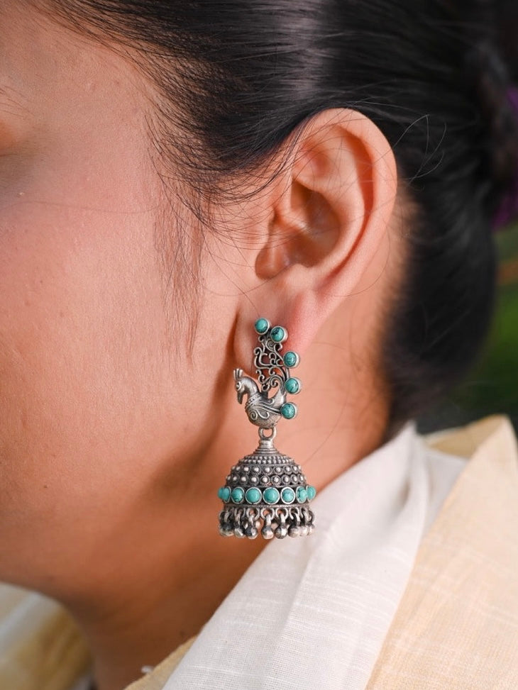 Handcrafted Peacock Silver Jhumkis with Turquoise Beads