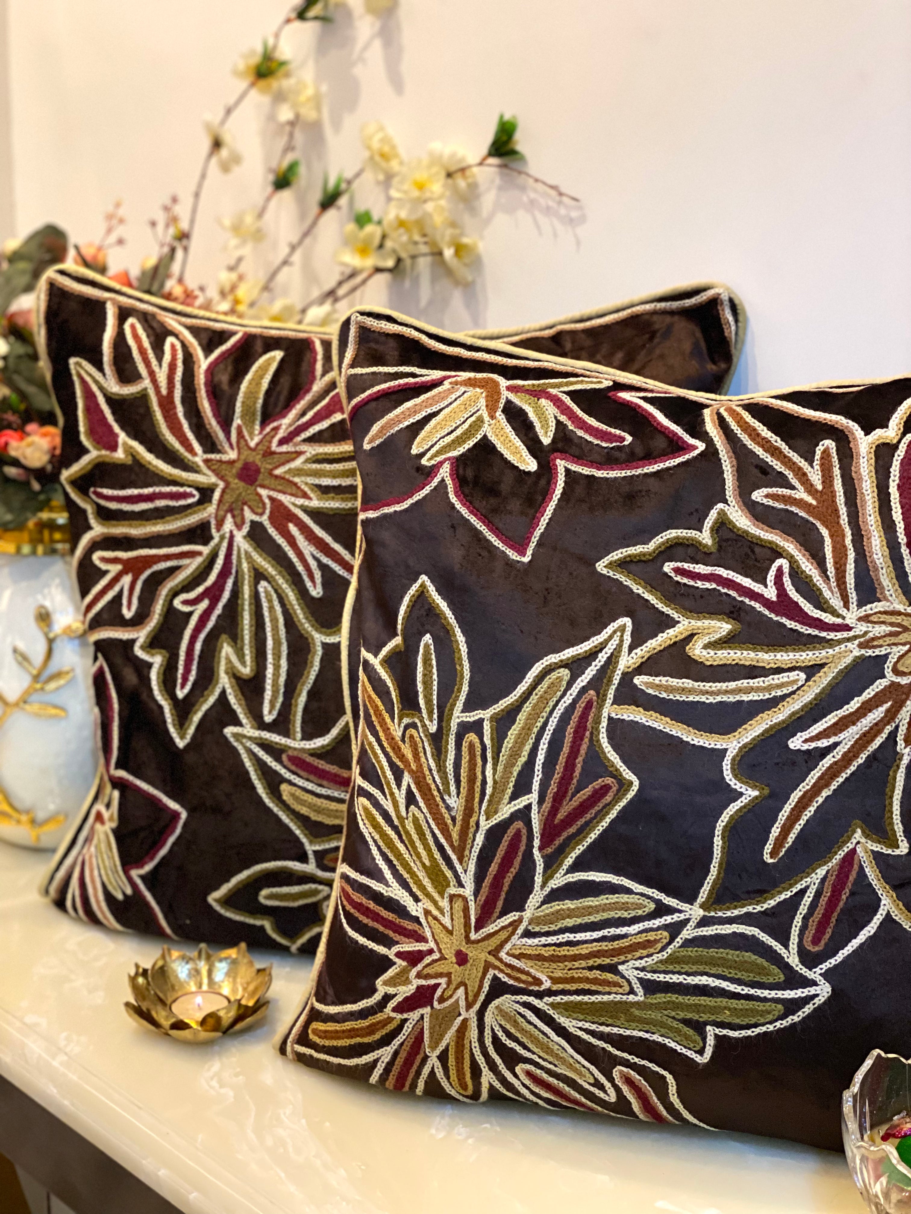 Kashmiri Embroidery Velvet Cushion Cover Set of 2pcs- 20*20 inches