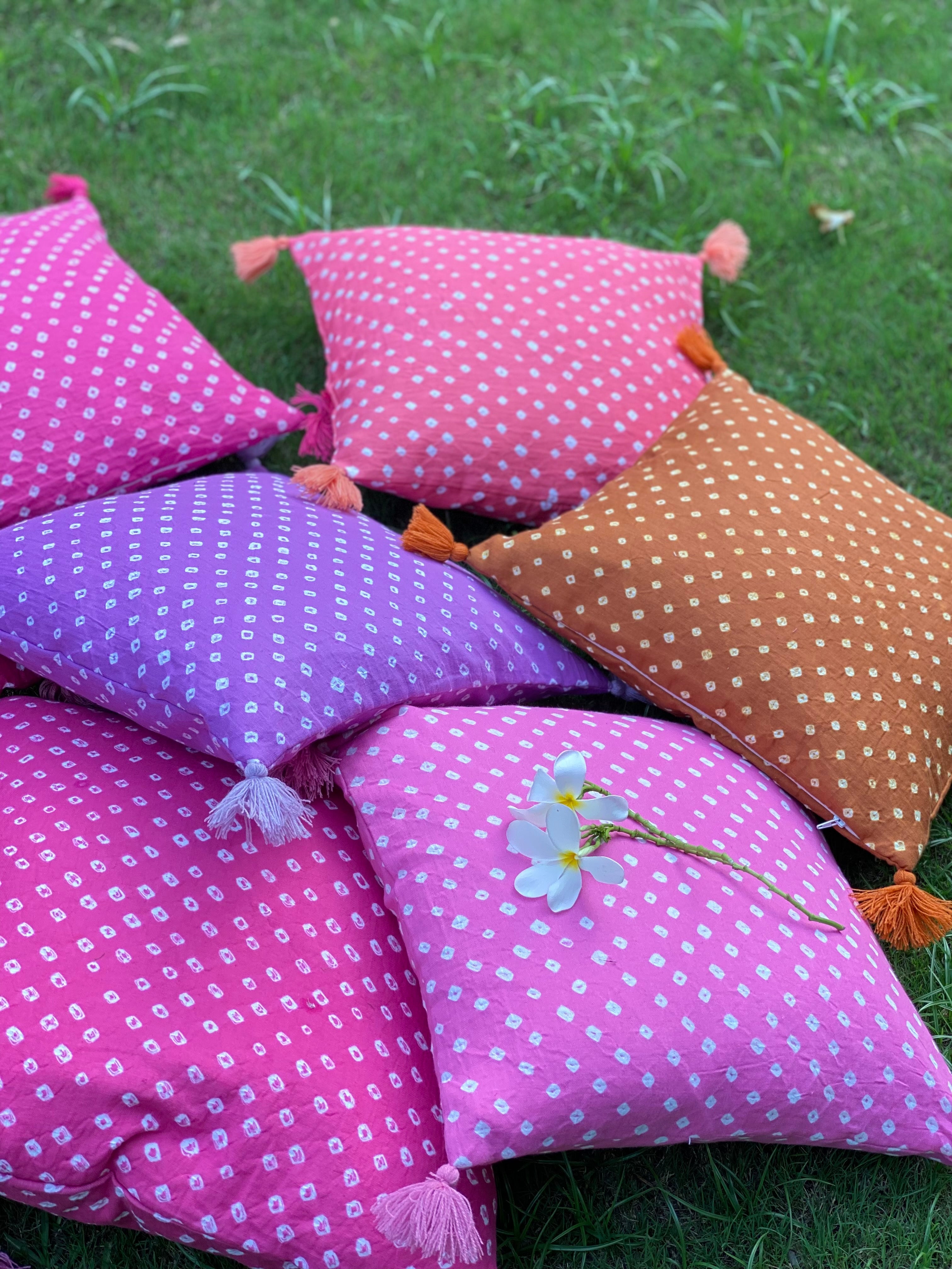 Pink (Shade 2) Bandhani Cotton 2 Cushion Cover Set- 16*16 inches
