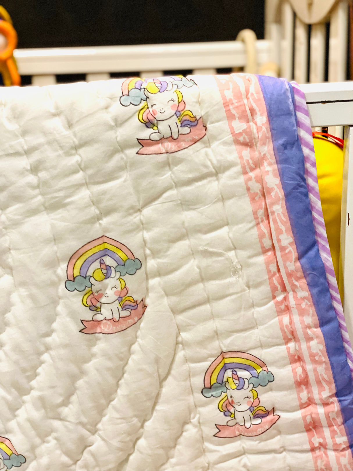 Unicorn Hand Block Printed Cotton Reversible Kids Quilt