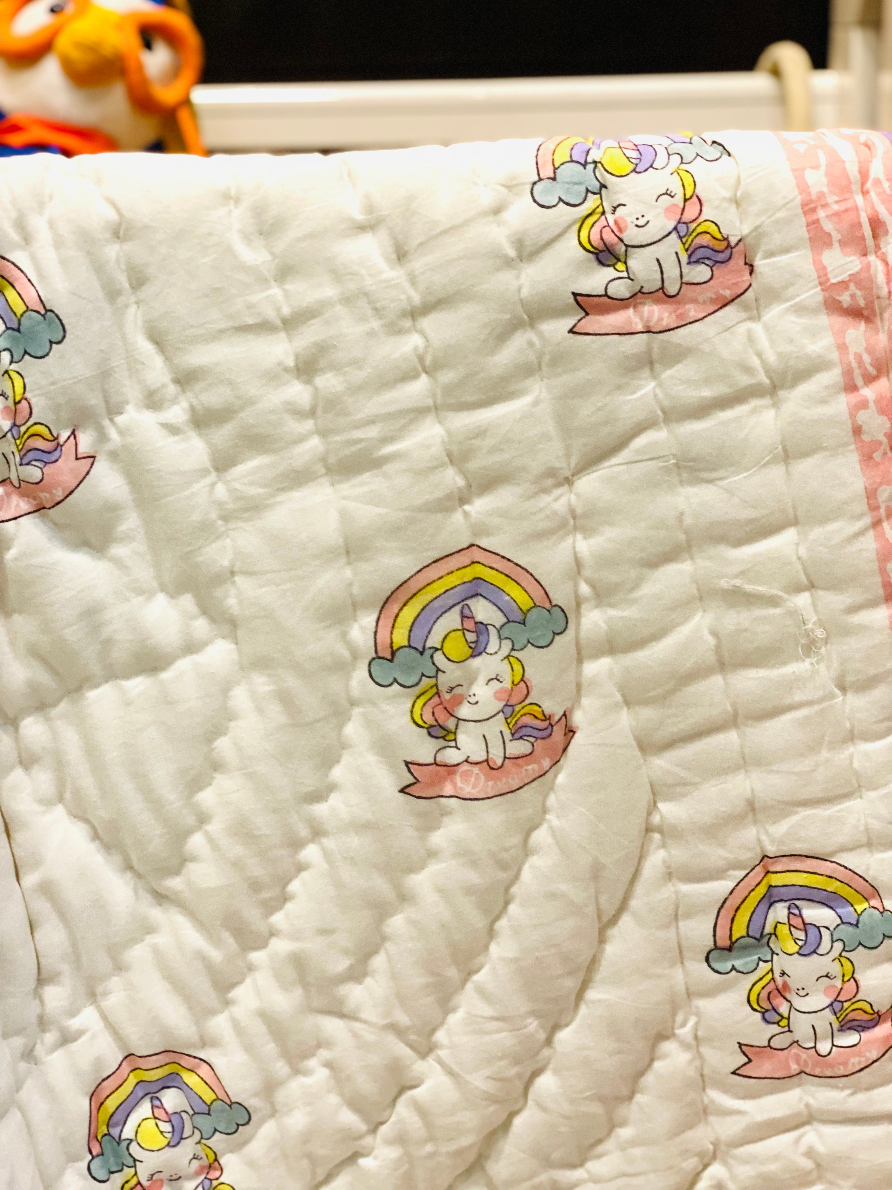 Unicorn Kids Quilt- Hand Block Printed Cotton Reversible (60*40 inches)