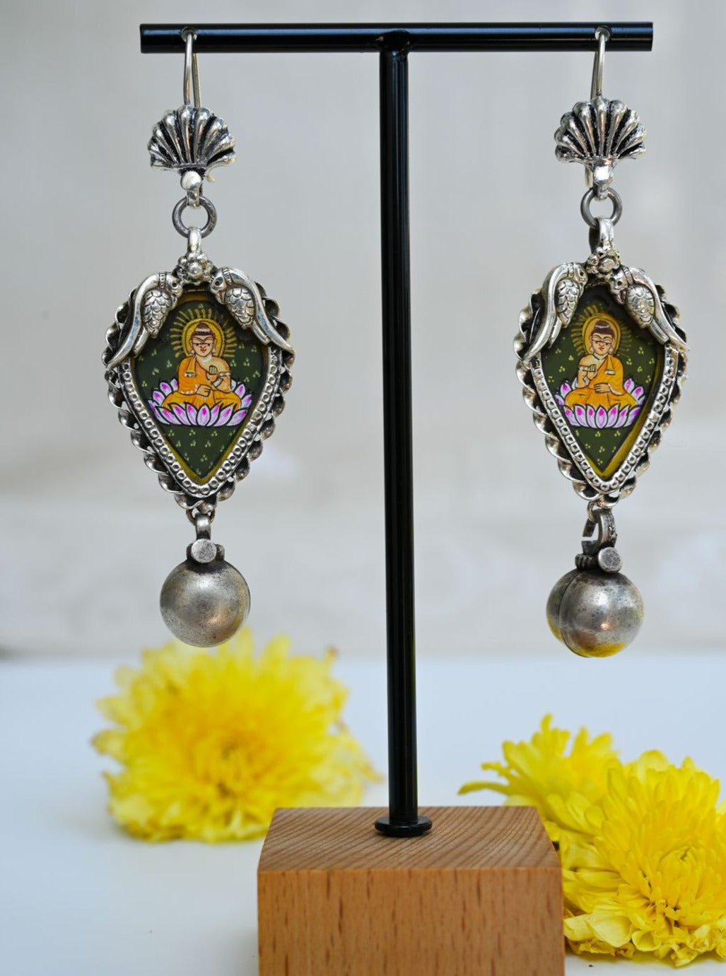 Handcrafted Silver Earrings with Hand Painting of Lord Buddha