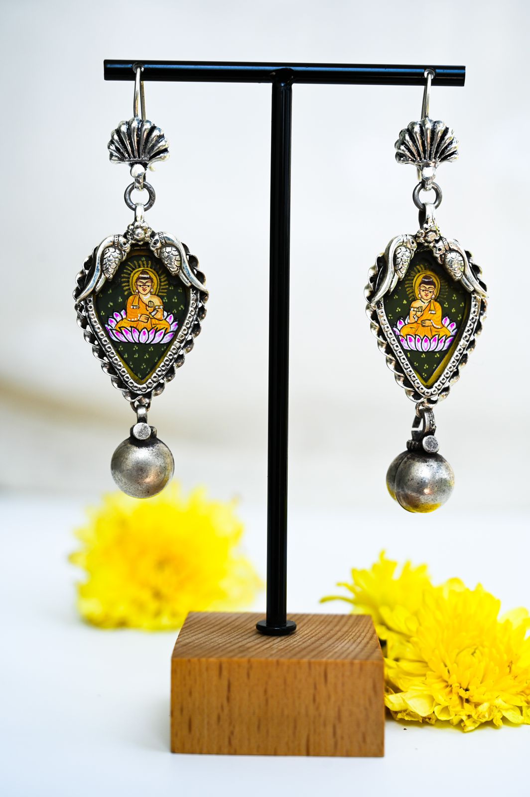 Handcrafted Silver Earrings with Hand Painting of Lord Buddha