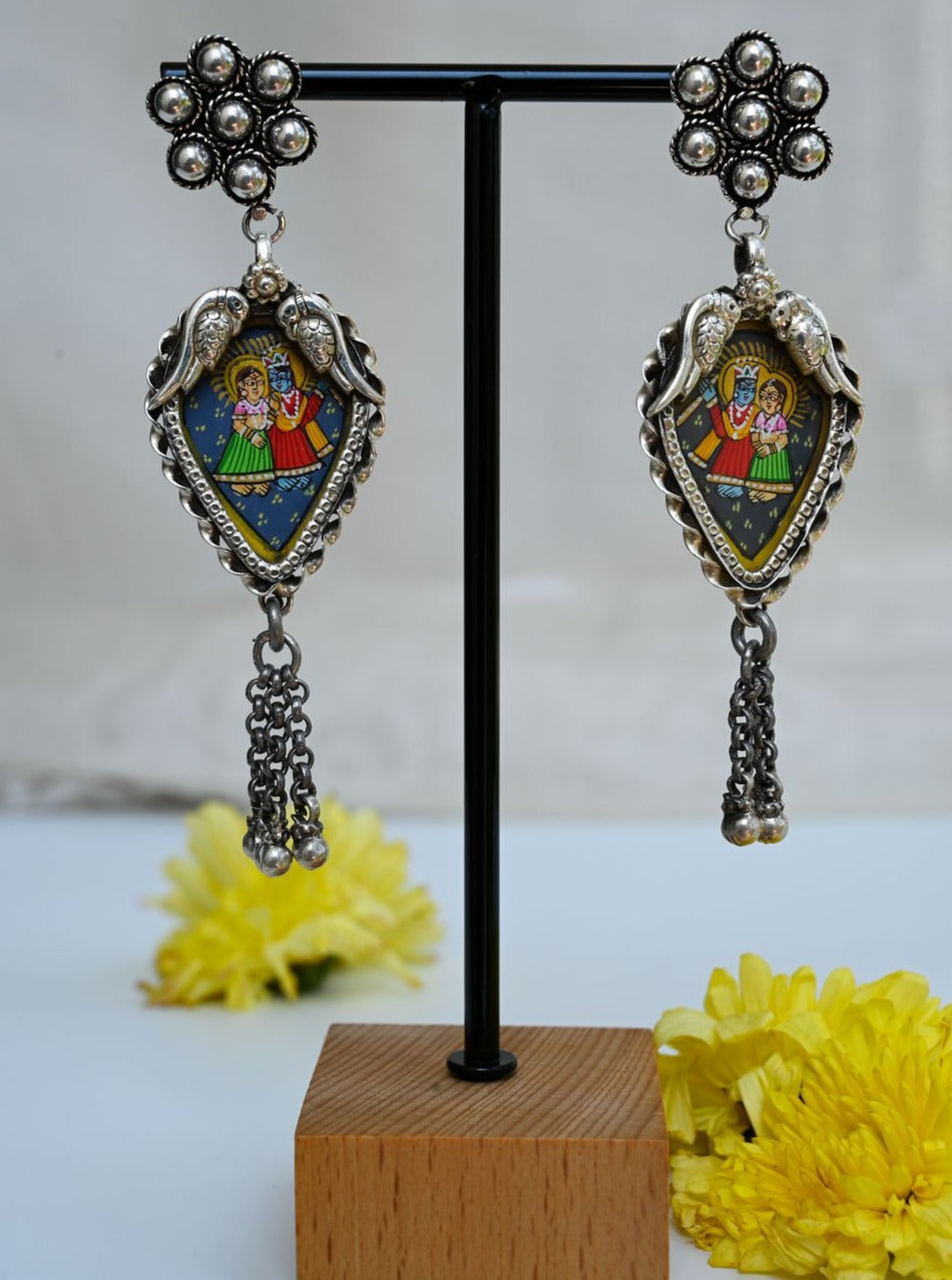 Handcrafted Silver Earrings with Hand Painting of Radha Krishna