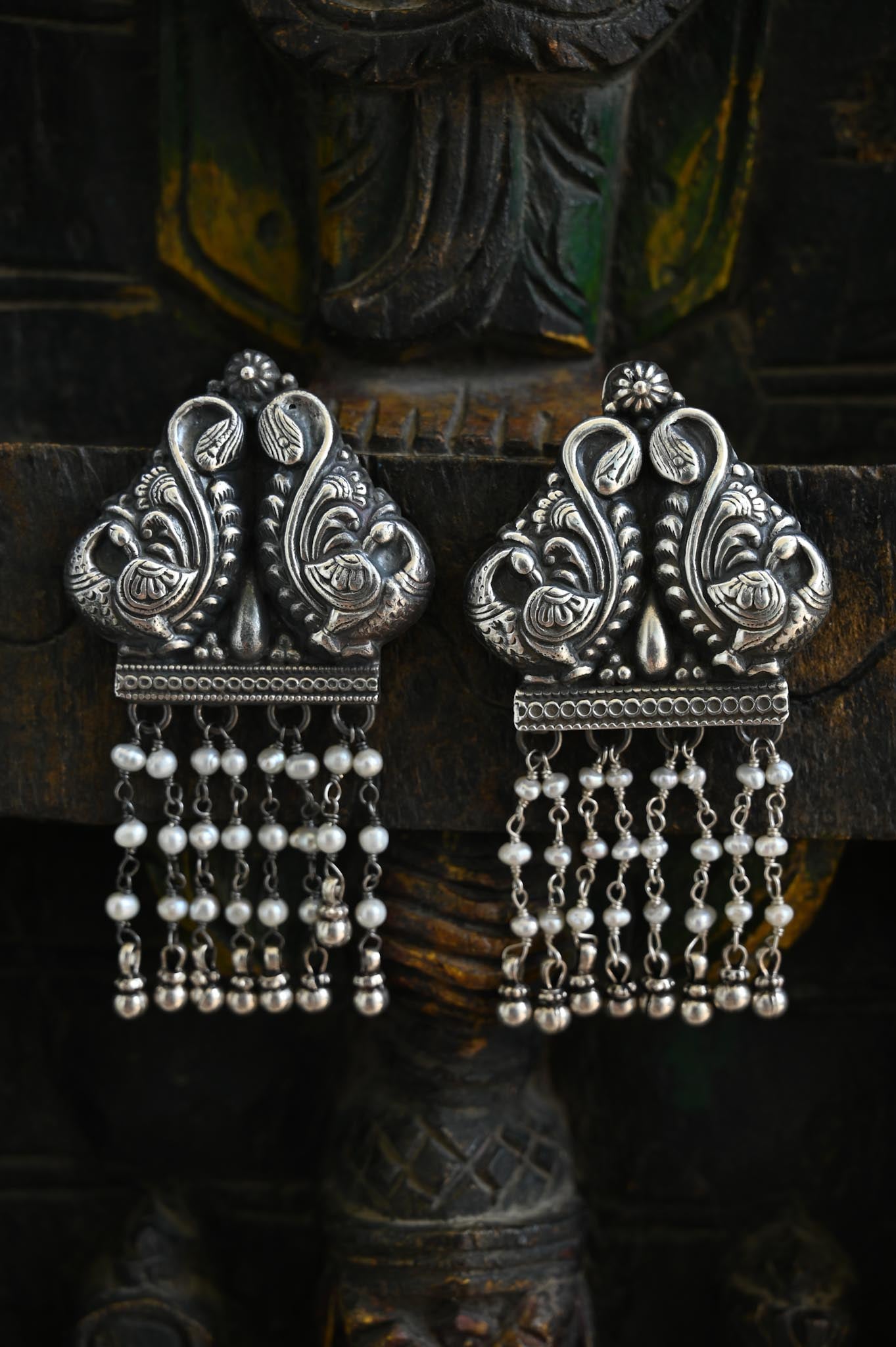 Handcrafted Peacock Silver and Pearl Earrings