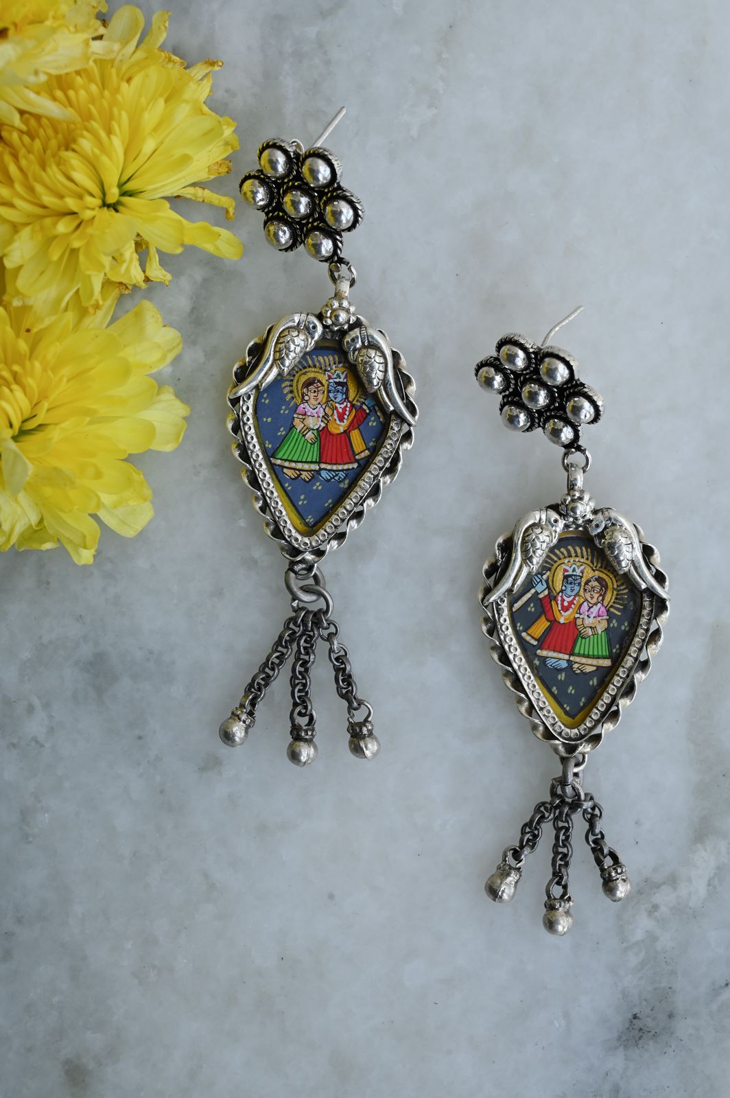 Handcrafted Silver Earrings with Hand Painting of Radha Krishna