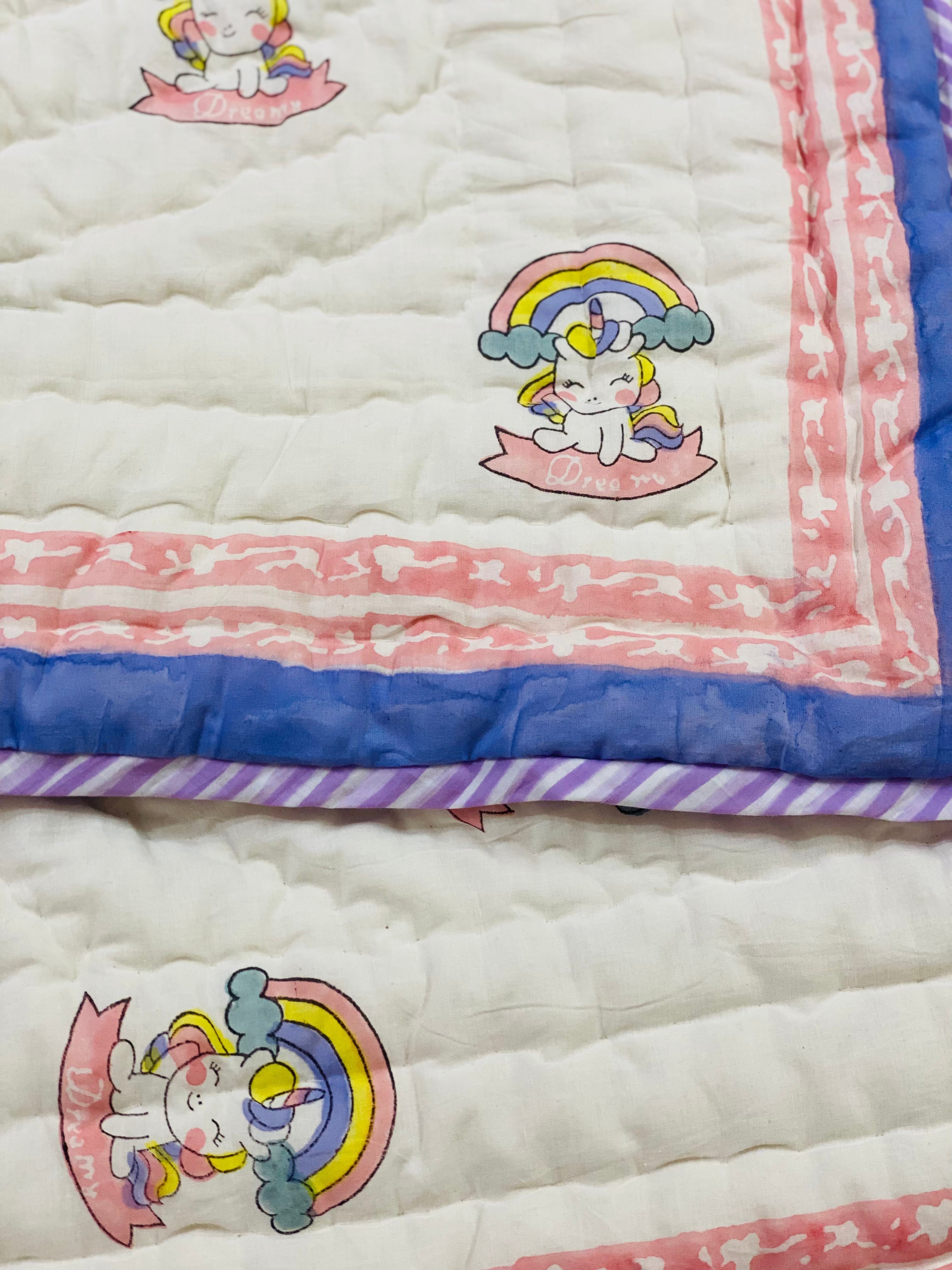 Unicorn Kids Quilt- Hand Block Printed Cotton Reversible (60*40 inches)