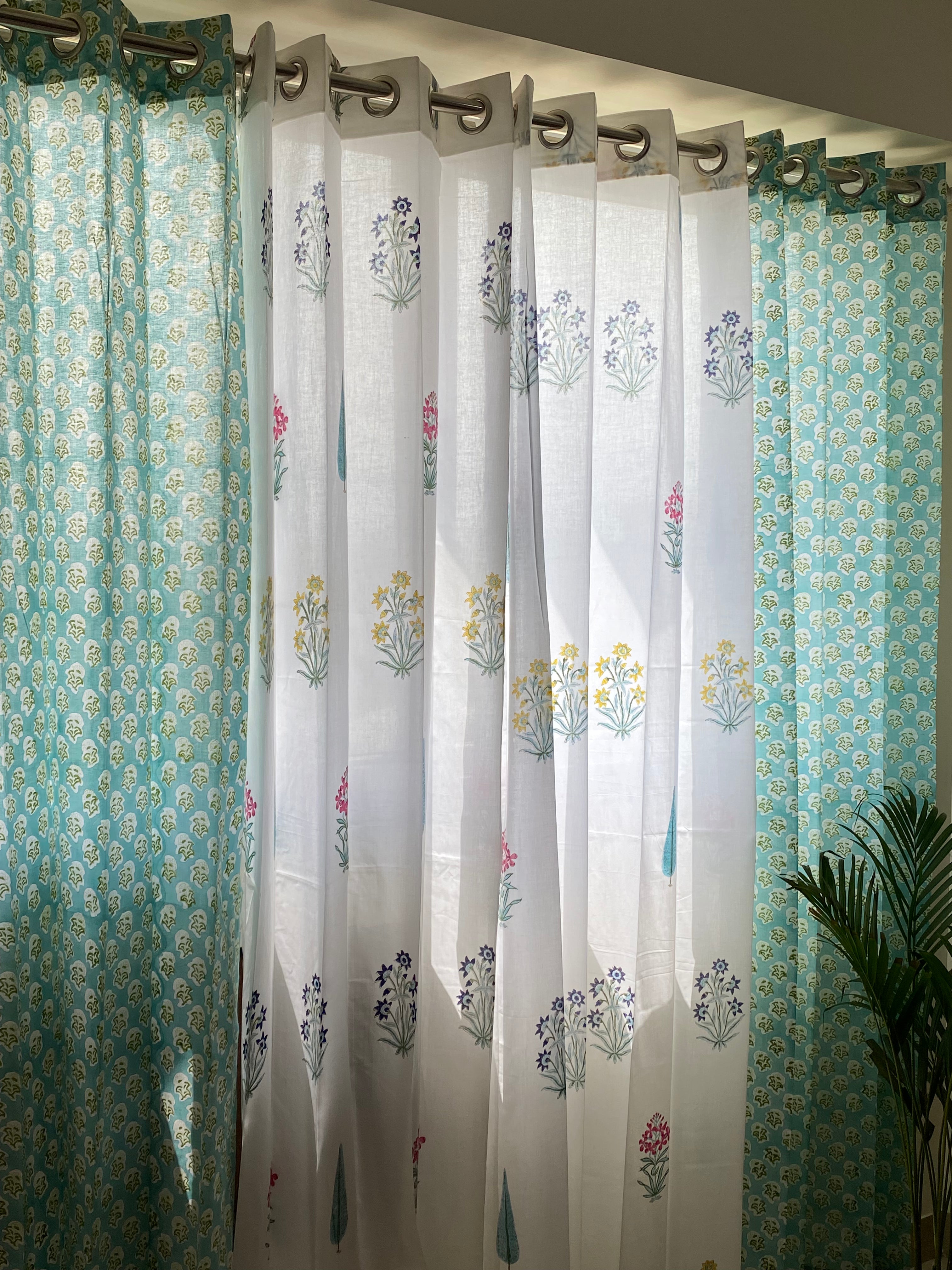 Set of 4 Blockprint Sheer Cotton Curtain- 7ft