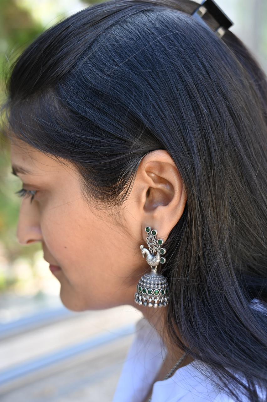 Handcrafted Peacock Silver Jhumkis with Green Beads