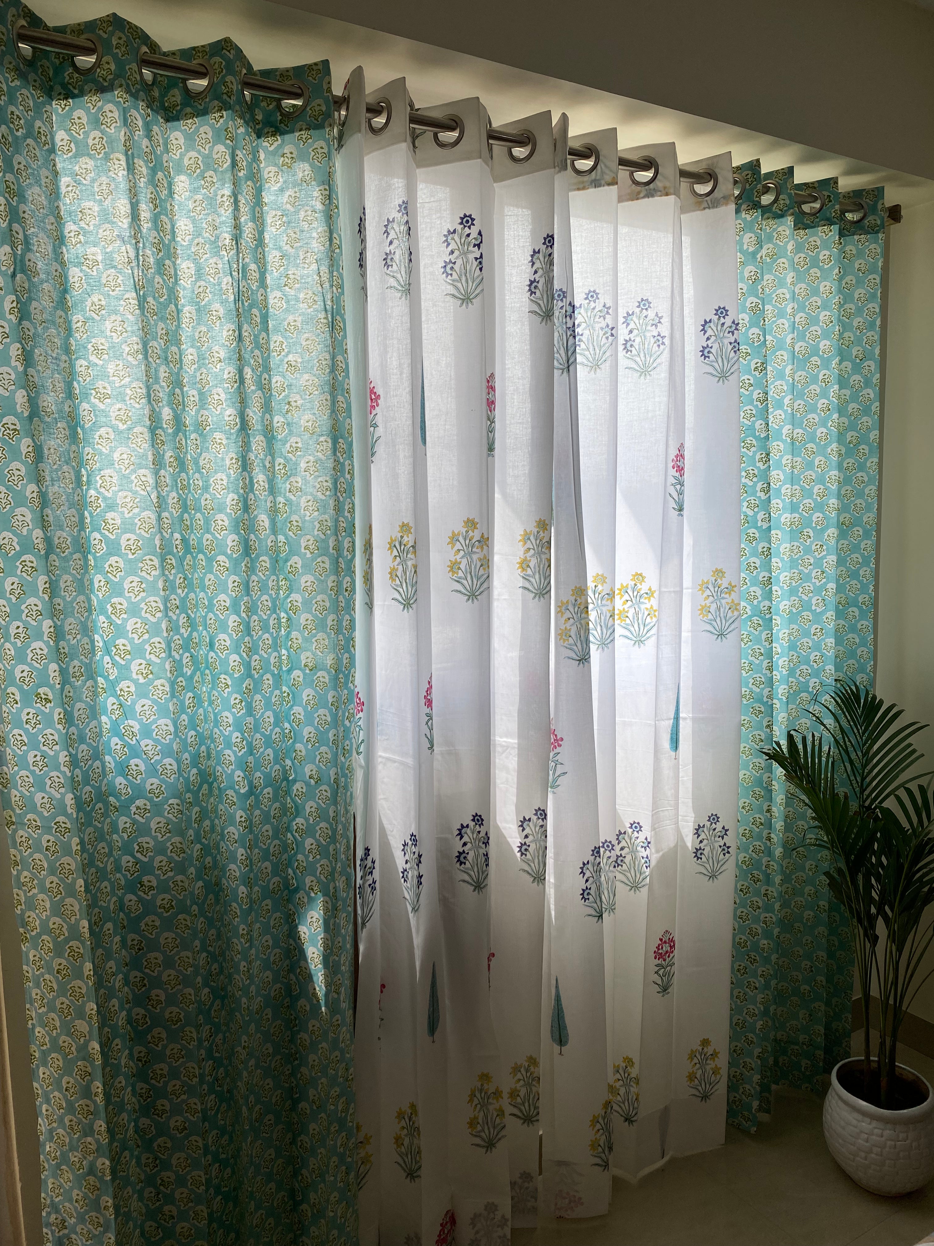 Set of 4 Blockprint Sheer Cotton Curtain