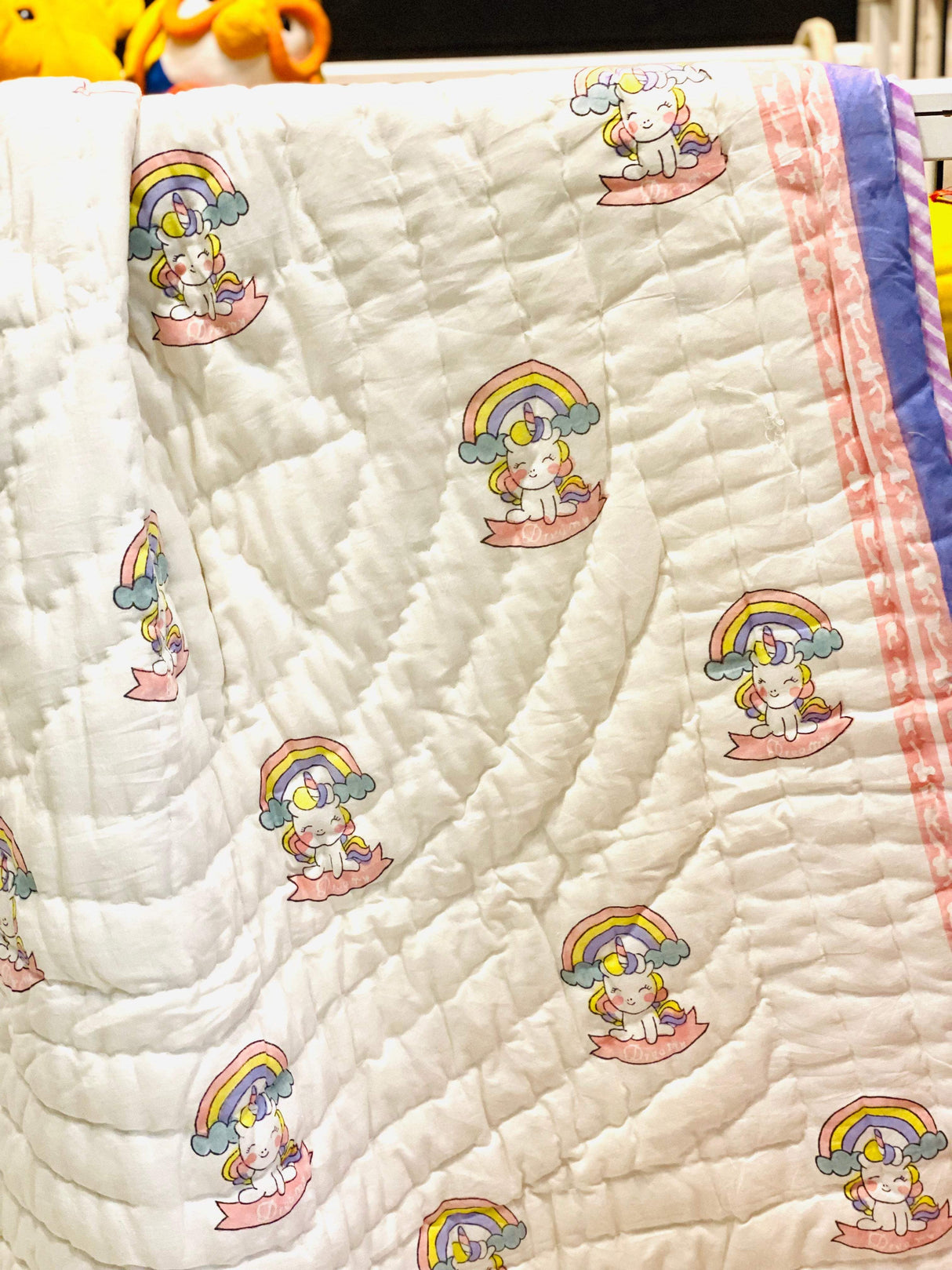 soft cotton toddler quilts with unicorn motifs handcrafted by block printers in Jaipur