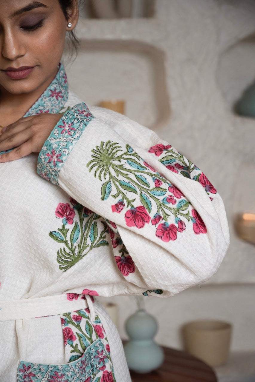 pretty-floral-cotton-waffle-bathrobe-side-view