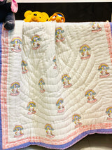 hand block printed unicorn quilt for kids made of breathable mulmul and cotton filling